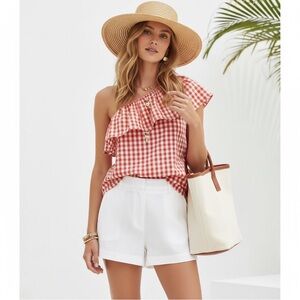 J Crew Women’s One Shoulder Poplin Cotton Ruffle Gingham Top Blouse Sz 2 Red